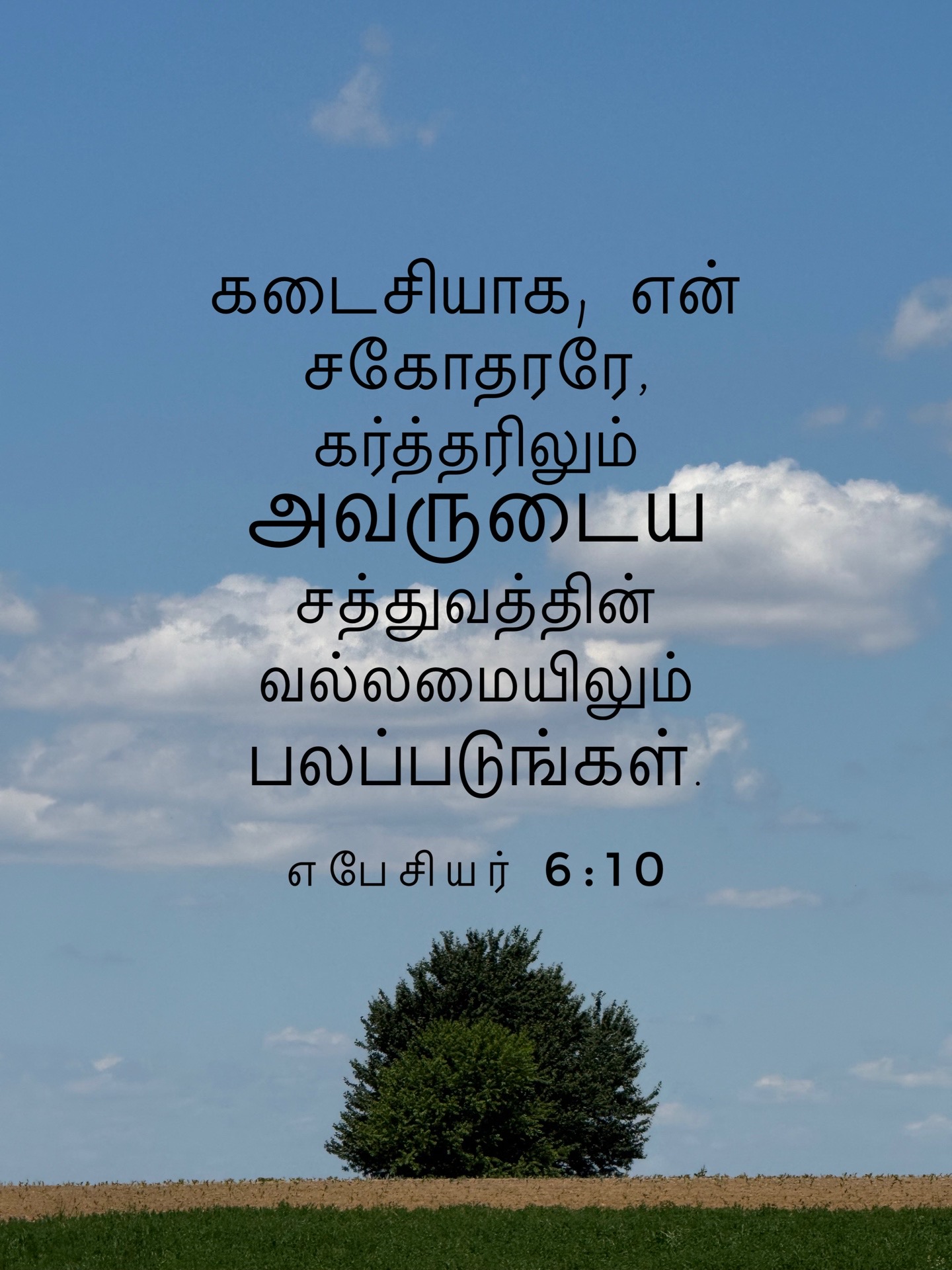 Ephesians 6:10 - கடைசியாக, என் சகோதரரே, கர்த்தரிலும் அவருடைய சத்துவத்தின் வல்லமையிலும் பலப்படுங்கள்.