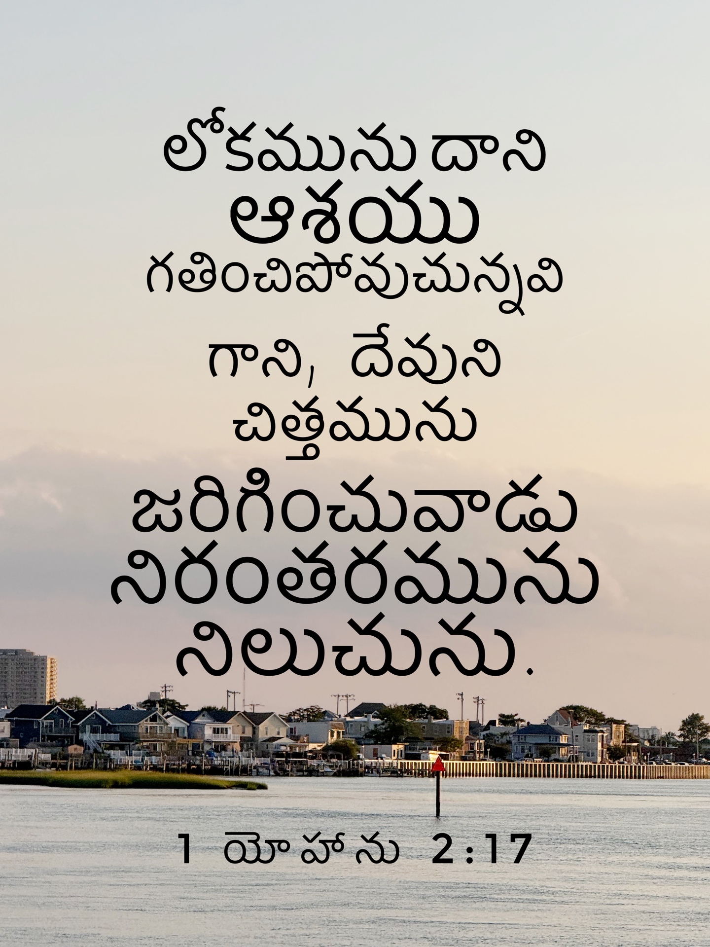 1 John 2:17 - లోకమును దాని ఆశయు గతించిపోవుచున్నవి గాని, దేవుని చిత్తమును జరిగించువాడు నిరంతరమును నిలుచును.